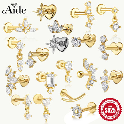 AIDE Heart Round Ball Flat Helix Piercing Earring 925 Sterling Silver Ear Studs Geometric Zircon Exquisite Trinket Studs Aretes PlatiNum