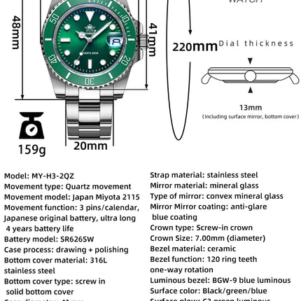 ADDIESDIVE Men's Classic Watch with Ceramic Bezel 200m Water Resistant Casual Quartz Watch BGW9 Blue Luminous Gift Watch MY-H3-2