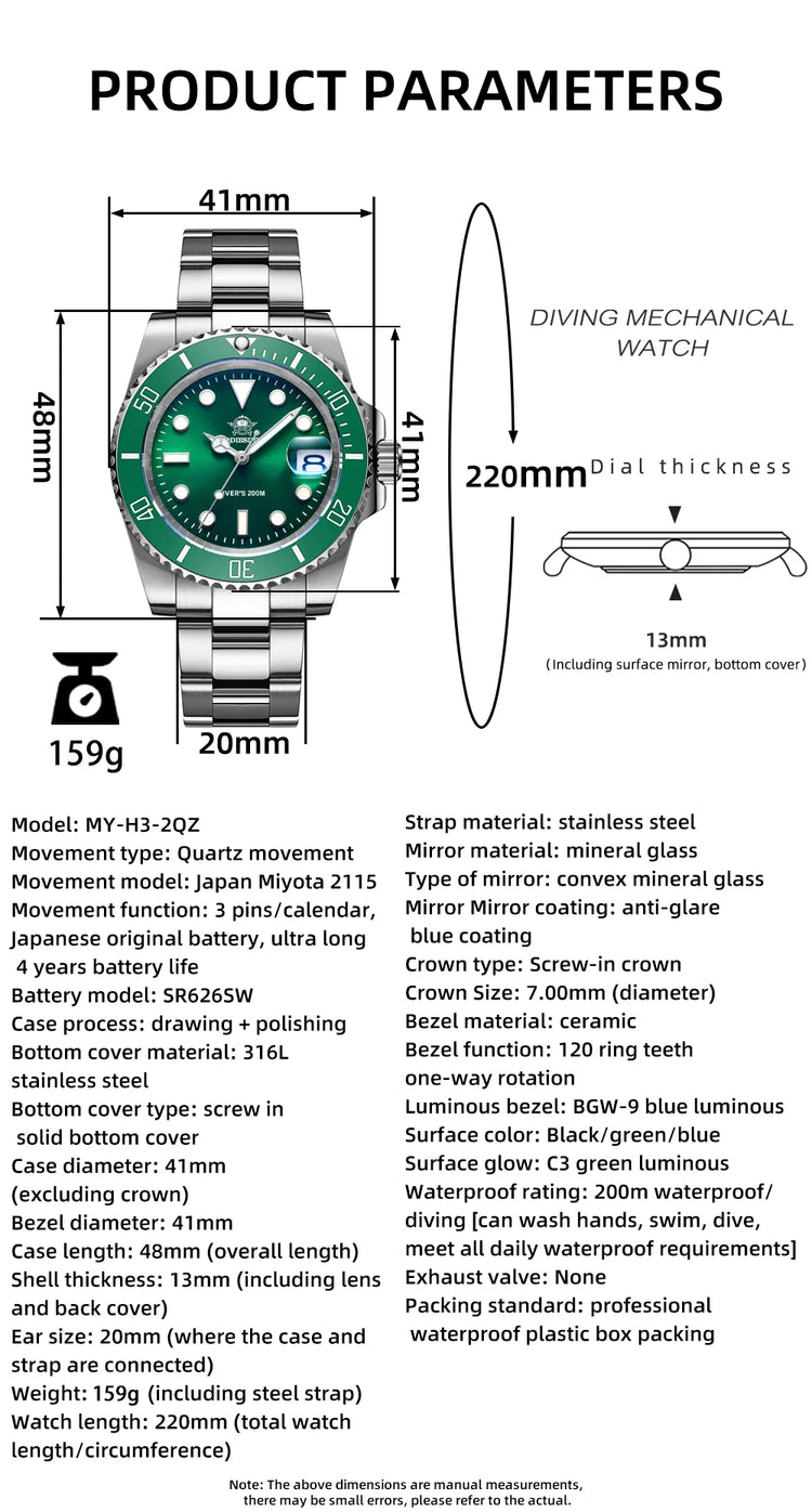 ADDIESDIVE Men's Classic Watch with Ceramic Bezel 200m Water Resistant Casual Quartz Watch BGW9 Blue Luminous Gift Watch MY-H3-2