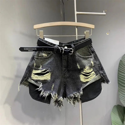 New style ripped denim shorts with frayed washed pockets and wide legs