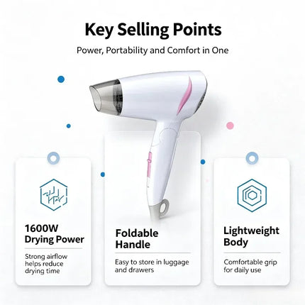 1600W Foldable Travel Hair Dryer, 100‑240V Dual‑Voltage Portable Blow Dryer with Cold Air Function & Hanging Loop for Travel Home Hair Styling