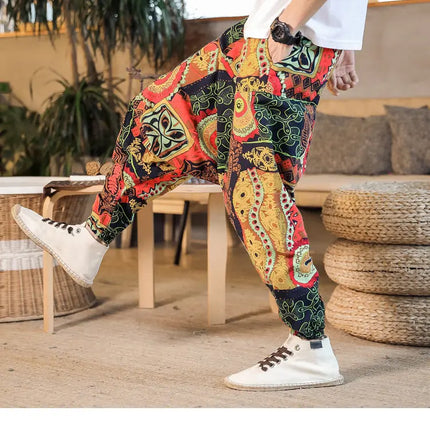 Pantaloni Harem da Uomo 2026 Stile Retrò con Stampa, Pantaloni Jogger Larghi e Comodi con Cavallo Ribassato, Stile Nepal Oversize, Pantaloni Casual da Uomo con Cavallo Ribassato