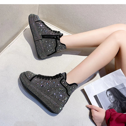 Designer Platform Sneakers Full Diamond Luxury Shoes Versatile Flat Bottom High-top Casual Skateboard Shoes Zapatos De Mujer