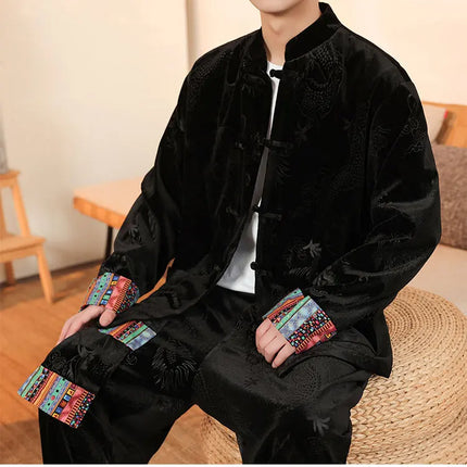Giacca in velluto da uomo in stile cinese con stampa drago camicie da uomo tradizionale abito Tang Kung Fu Tai Chi camicie casual retrò abbigliamento da uomo