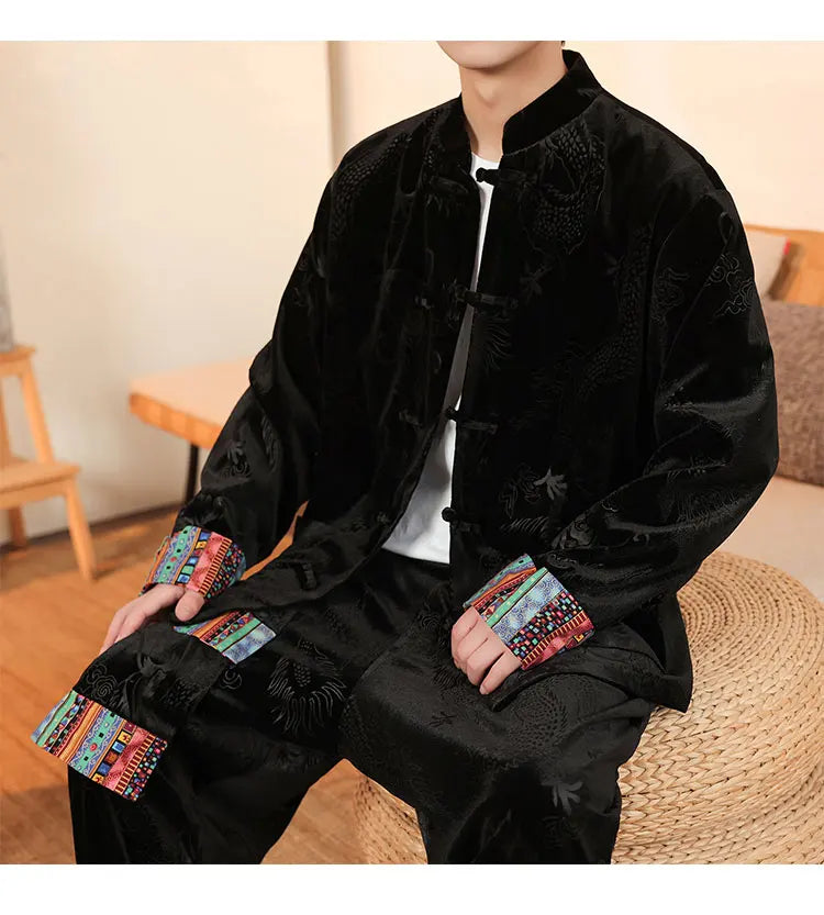 Giacca in velluto da uomo in stile cinese con stampa drago camicie da uomo tradizionale abito Tang Kung Fu Tai Chi camicie casual retrò abbigliamento da uomo