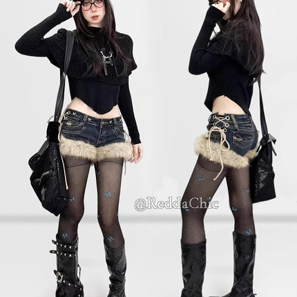 REDDACHiC Gyaru Y2k Low Rise Jean Shorts Trendy Butterfly Rivets Hollow Lace-Up Furry Cuffs Denim Shorts Retro Hot Women Bottoms PlatiNum