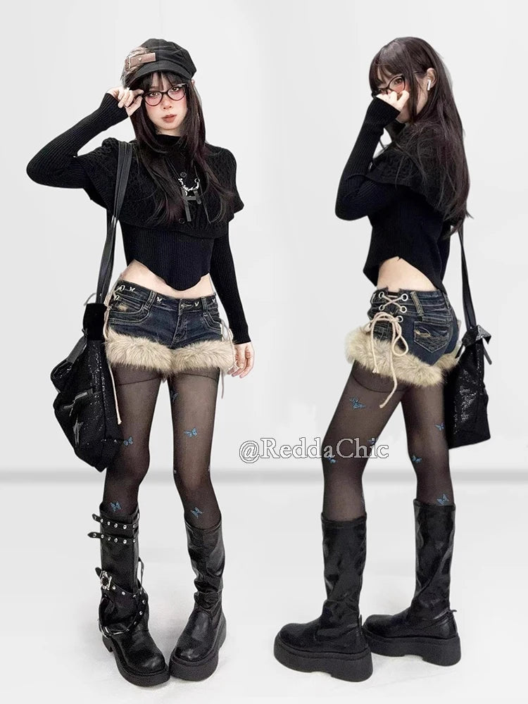 REDDACHiC Gyaru Y2k Low Rise Jean Shorts Trendy Butterfly Rivets Hollow Lace-Up Furry Cuffs Denim Shorts Retro Hot Women Bottoms PlatiNum