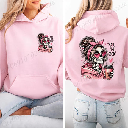 Funny Hip Hop Streetwear Fashion Gothic Hoodies Long Sleeve Vintage Sweatshirts Skeleton Love Coffee Graphic Women's Sportwear