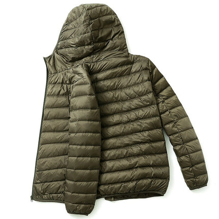 Men Lightweight Down Jacket Hooded Zip Up Olive Green Puffer Coat Male Warm Thin Quilted Outerwear For Autumn Winter