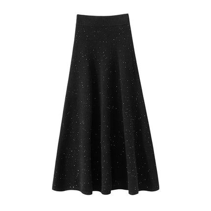 Chic Women Sweater Suite Skirt 100% Cashmere A-Line Skirt Autumn Winter Wave Skirt Elastic Knee Length Dress Sequins French Knit PlatiNum