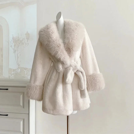 Winter Luxury Women Faux Furs Jackets Coats With Belt Elegant Waist Hugging Slimming Fur Big Collar Thickened Warm Outerwear