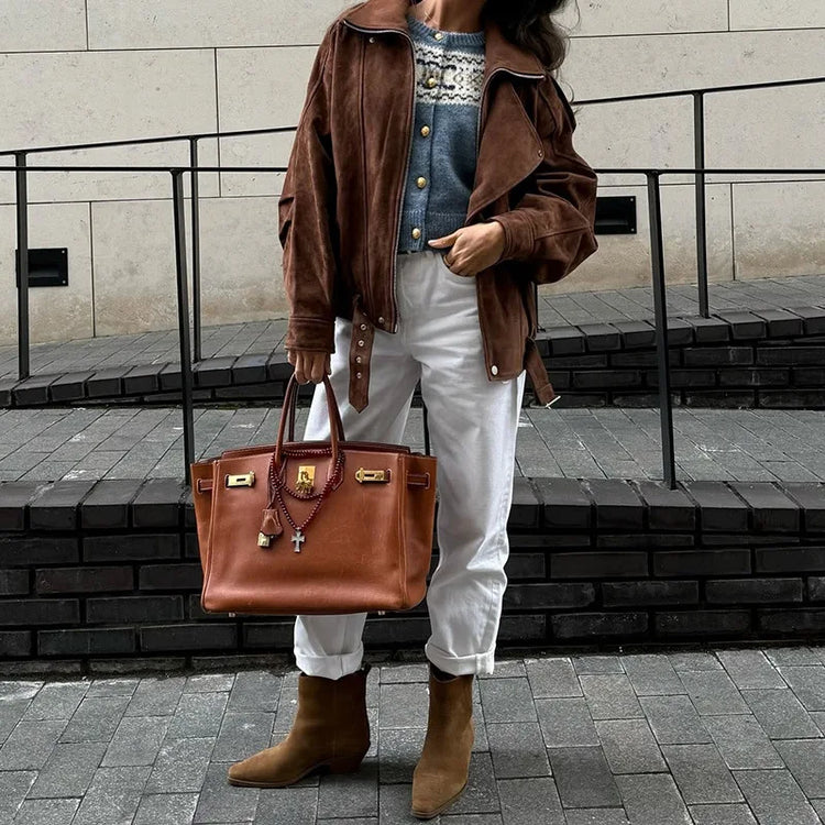 Women's Belt Short Suede Jackets Loose Lapel Long Sleeve Zipper Coats 2025 Spring Lady Vintage Female Outwear Street