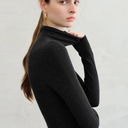 FSLE【Premium Series】German Biella Wool Autumn Super Fine Washable Seamless One-Piece Mock Neck Thermal Base Layer Shirt Women PlatiNum