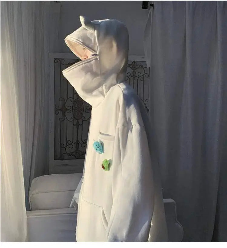Y2K Autumn Winter Unisex Cartoon Frog Fleece Hoodies Loverly Zipper Loose Warm Sweatshirt Full Sleeve Harajuku Hooded Jackets