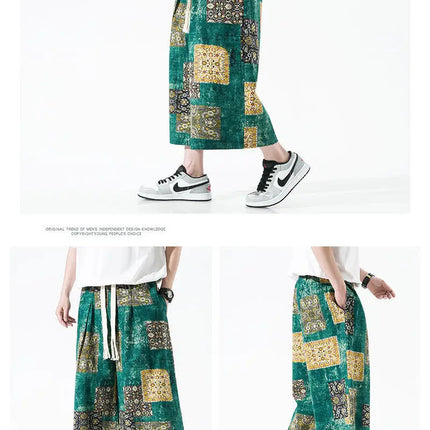 Pantaloncini da uomo estivi Stampa Pantaloni da spiaggia traspiranti a gamba larga Pantaloni larghi casual alla moda Vita elastica Comodi pantaloni al polpaccio da uomo
