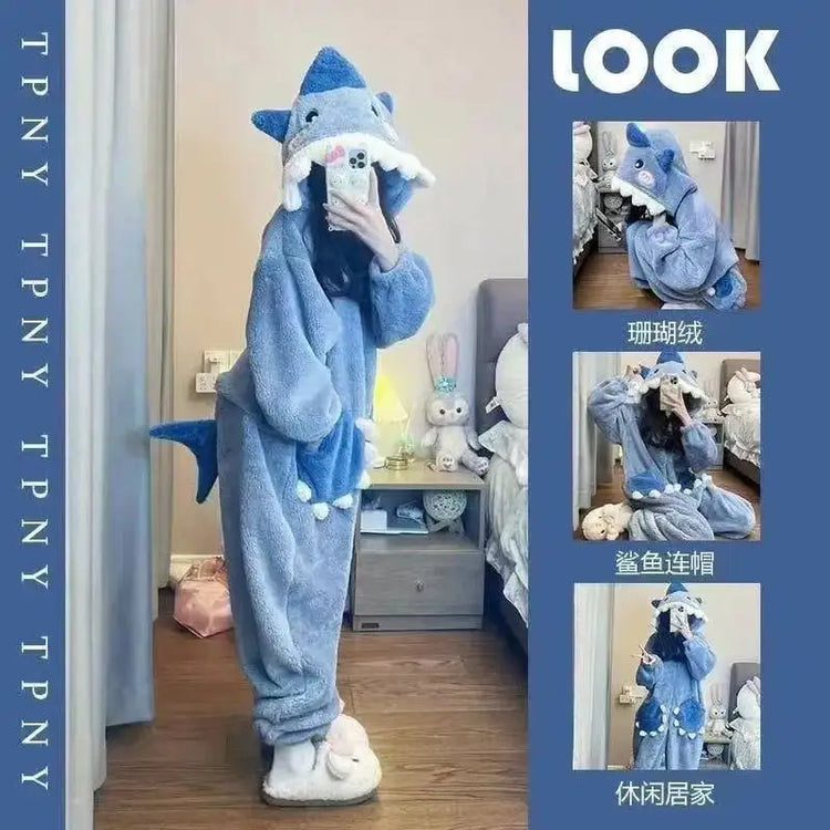 Cartoon Coral Fleece Lined Onesie Pajamas Women's Winter Home Clothes Comfortable Breathable Sleepwear Polyester Fiber