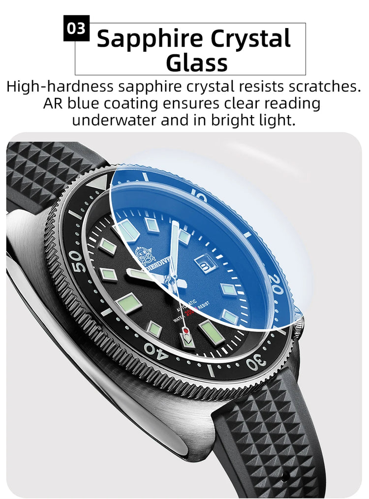 ADDIESDIVE Luxury Men's Automatic Watch Ceramic Bezel Sapphire Glass 200m Waterproof Ultra Bright Blue Luminous Diving Watch