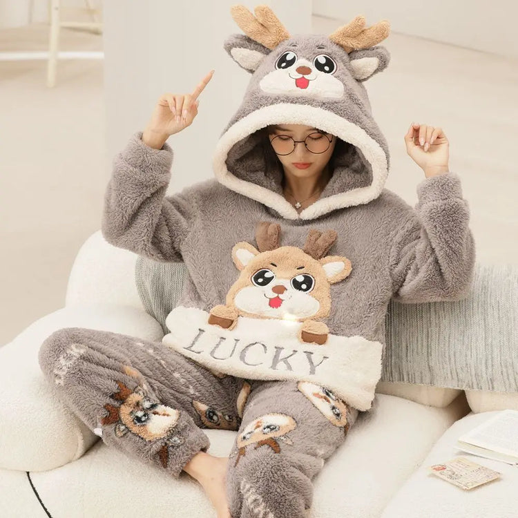 Cute Pajamas Set 2 Pieces Women Sleepwear Warm Winter Thick Coral Fleece Hooded Cartoon Girls Homewear Animal Pajamas Nighties