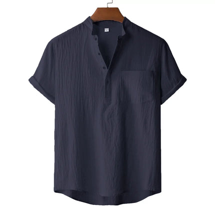 Men's Summer Cotton Linen T-Shirt, Beach Style, Short Sleeve, Henley Neck, for Vacations, Casual, Lightweight, Breathable and Comfortable