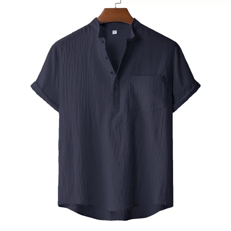 T-shirt Estiva da Uomo in Cotone e Lino, Stile Spiaggia, Manica Corta, Collo Henley, per Vacanze, Casual, Leggera, Traspirante e Confortevole