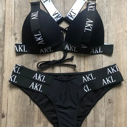 Costumi da bagno da donna Costume da bagno Push Up Bikini 2023 Mujer Lace Up Bikini Costume da bagno donna Stampa di lettere Mini Perizoma Bikini Set platinumshop