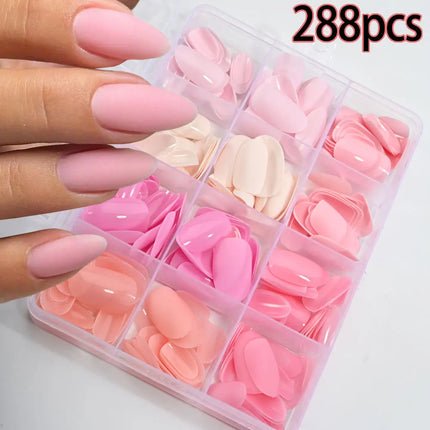 288pcs Light Pink Rose Purple Matte & Glossy False Nails Solid Color Medium Almond Full Cover Press On Nails Acrylic Fake Nails2028