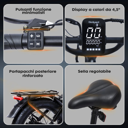 Bicicletta Elettrica Fat Tire Commuter Bodywel F20 500W 48V 15Ah con Autonomia 60-80KM, Pneumatici Fat 20"x3.0", 7 Velocità e Sospensione Anteriore per Adulti Urbani