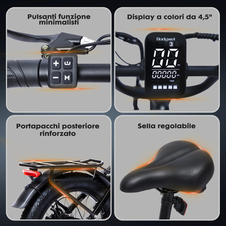 Bicicletta Elettrica Fat Tire Commuter Bodywel F20 500W 48V 15Ah con Autonomia 60-80KM, Pneumatici Fat 20"x3.0", 7 Velocità e Sospensione Anteriore per Adulti Urbani