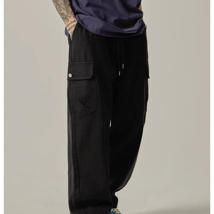Men's Sweatpants 2025 Spring Autumn Vintage Japanese Wide Leg Straight Loose Button Big Pockets Cargo Pants Drawstring Trousers