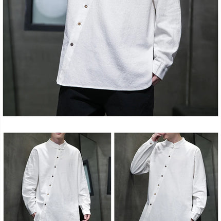 Camicie di lino in cotone Stile cinese Abito tradizionale retrò Tang Top da uomo Kung Fu Tai Chi Camicie casual a maniche lunghe in tinta unita da uomo