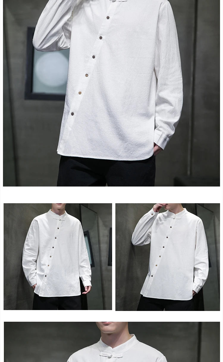 Camicie di lino in cotone Stile cinese Abito tradizionale retrò Tang Top da uomo Kung Fu Tai Chi Camicie casual a maniche lunghe in tinta unita da uomo
