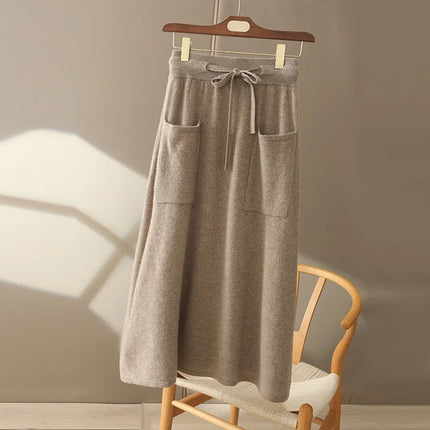 Autumn And Winter100% Pure Wool Skirt Women's Long Pocket Small A Skirt High Waist Slim Cashmere Knit A-Line Skirt PlatiNum