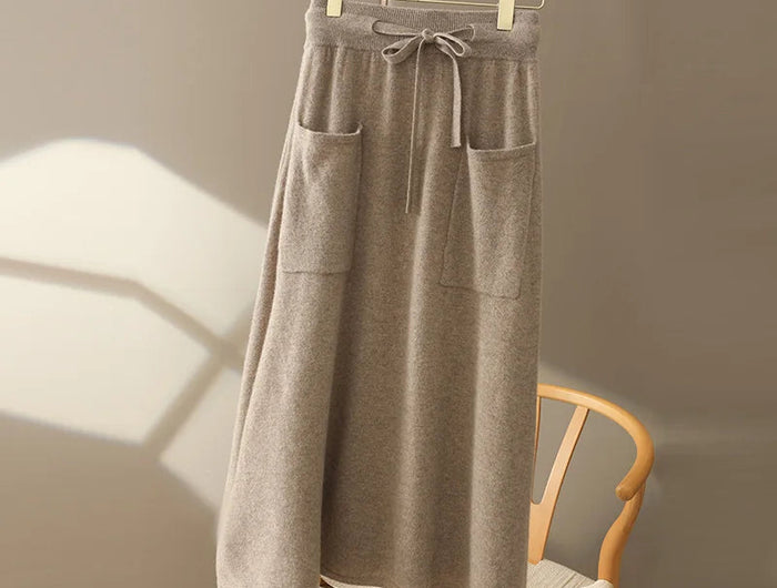 Autumn And Winter100% Pure Wool Skirt Women's Long Pocket Small A Skirt High Waist Slim Cashmere Knit A-Line Skirt PlatiNum