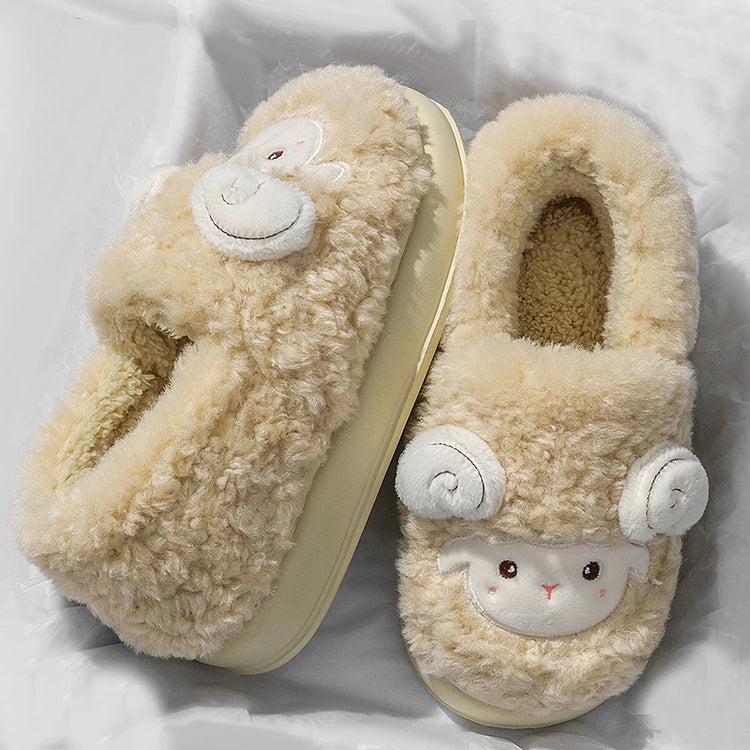 Cute Cartoon Lamb Cotton Slippers Women Indoor Warm Thicken Plush Home Slippers Woman Comfortable Non Slip Fluffy Slides Female