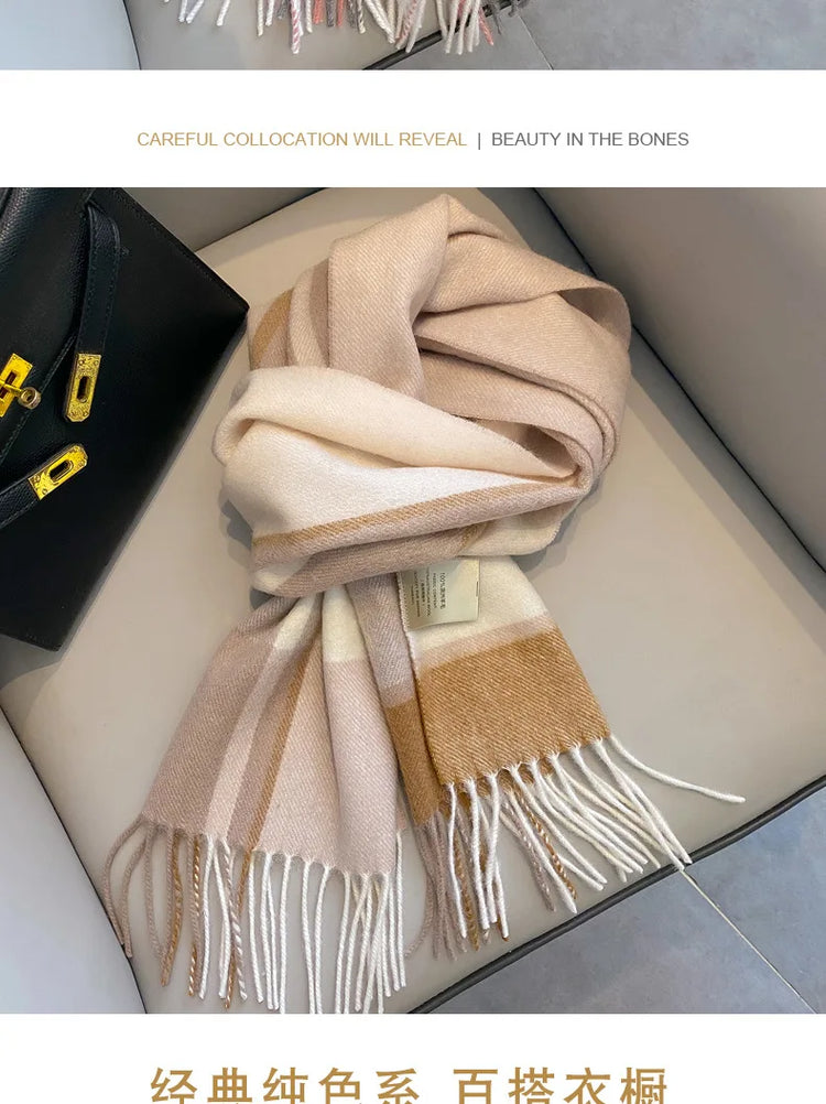 High Quality 100% Pure Wool Scarf Women Classic Chic  Autumn Winter Colorful Plaid Tassel Warm Muffler Female Thermal Shawl Lady