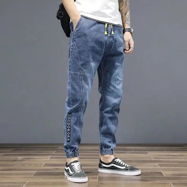 Spring Autumn 2022 New Denim Jeans Men's Elastic Waist Loose Students Teenagers Cowboy Streetwear Harem Leg Long Track Pants Men
