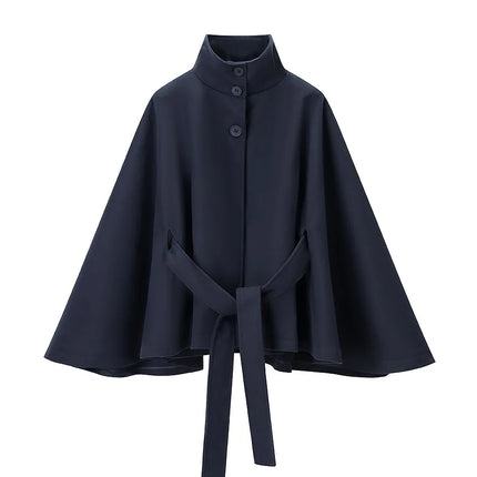 KIDCRKJ Women Spring Lace Up Coat High Neck Jackets Faux Wool Blends Cape Coatsfor Lady  Warm Elegant Chic Female Cloak Coat
