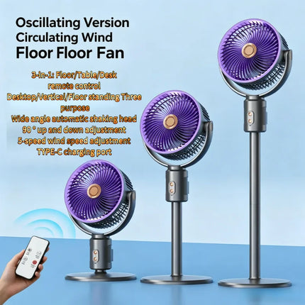 Ventilatore Turbo 3-in-1 per Circolazione d'Aria Domestica, Ventilatore da Terra e da Tavolo Retrattile con Telecomando, Ventilatore Portatile per Ufficio e Camera da Letto