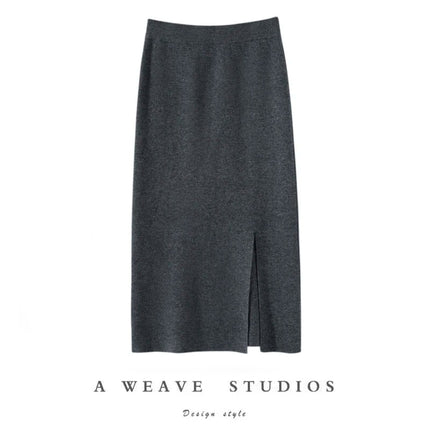 Women Pure Cashmere Long Skirts Spring Autumn Winter Straight Thick Skirts 100% Cashmere Knit Split Skirts PlatiNum