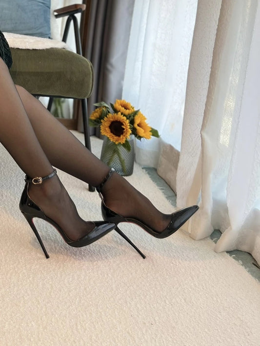 Customized 12cm Ultra High Heels Black Lacquer Classic Thin Heel Bottom Shallow Mouth Fun Women's High Heel Sandals