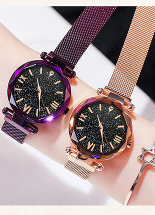 Orologi da donna con cielo stellato alla moda, fibbia magnetica, cintura in rete, orologio al quarzo con diamanti, orologio da donna platinumshop