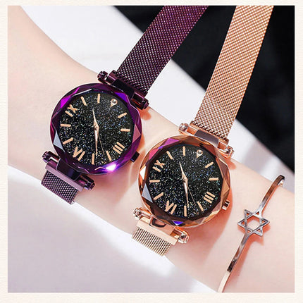 Orologi da donna con cielo stellato alla moda, fibbia magnetica, cintura in rete, orologio al quarzo con diamanti, orologio da donna platinumshop
