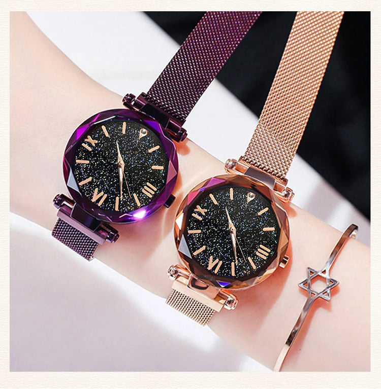Orologi da donna con cielo stellato alla moda, fibbia magnetica, cintura in rete, orologio al quarzo con diamanti, orologio da donna platinumshop