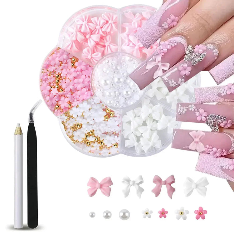 1box 3D Flower Bow Nail Art Decorations Kit Pink/White Acrylic Floral/Peal Beads Nail Charm with Wax Pen/Tweezer 4/6mm Nail Part Nail