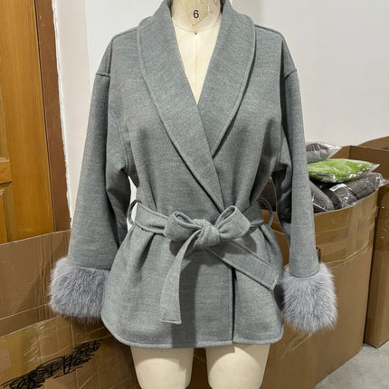 Elegant Lace Up Woolen Short Coat Solid Loose Lapel Furry Long Sleeve Belt Waist Jacket 2026 Spring Autumn Lady Chic Cardigan