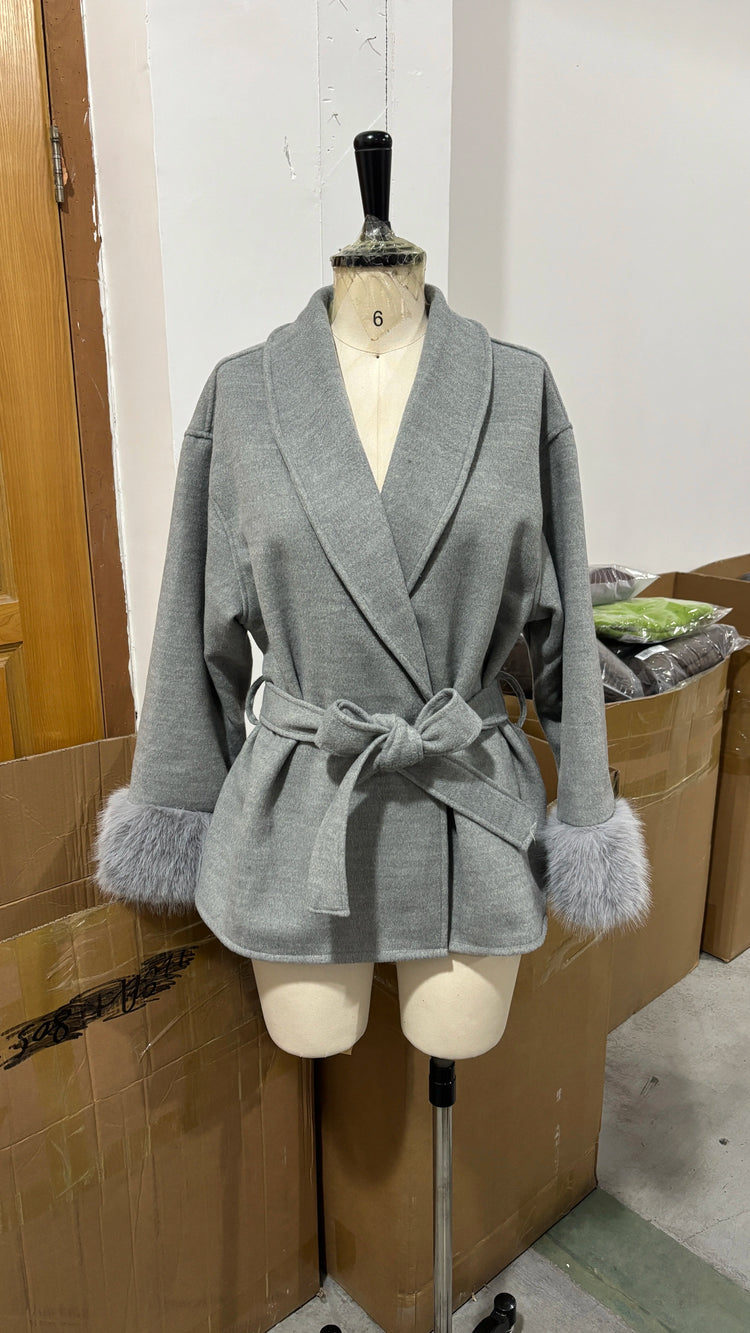 Elegant Lace Up Woolen Short Coat Solid Loose Lapel Furry Long Sleeve Belt Waist Jacket 2026 Spring Autumn Lady Chic Cardigan