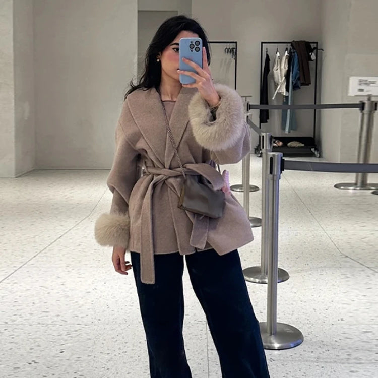 Elegant Women's Lace Up Woolen Coats Solid Full Sleeve Turn-down Collar Loose Lady Coats 2026 Autumn Winter Female Streetwear