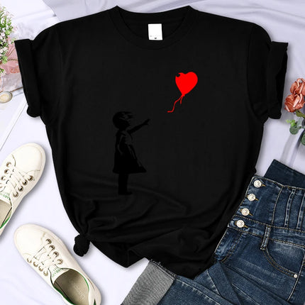 Fly Amore Ballons Imprimés T-shirt Femme Doux et Respirant Manches Courtes Street Hip Hop Tendance Tops Décontractés T-shirt Féminin Vêtements