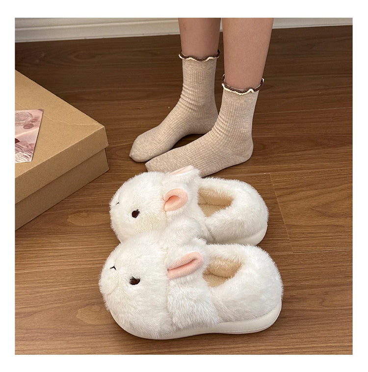 New Cute 3D Rabbit Furry Slippers Women Winter Warm Plush Closed Back House Shoes Non Slip Bunny Indoor Flip Flops Home Slipper