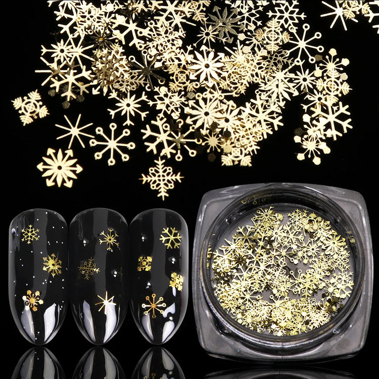 80-90pcs/jar Hollow Out Gold Nail Glitter Sequin Snow Flakes 8/10mm Mixed Metal Snowflakes 2023 DIY Snow Flake Manicure Decor 2028